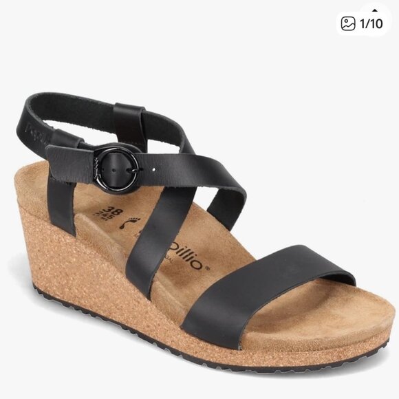 EUC Papillio Birkenstock Black Leather Wedge Sandals - Picture 1 of 11